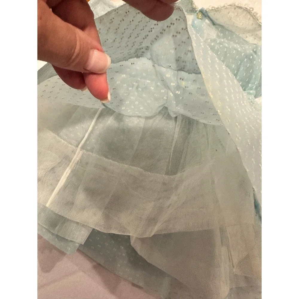 Vintage Baby Dress Blue Dotted with Crinoline 1970's Size 18 months